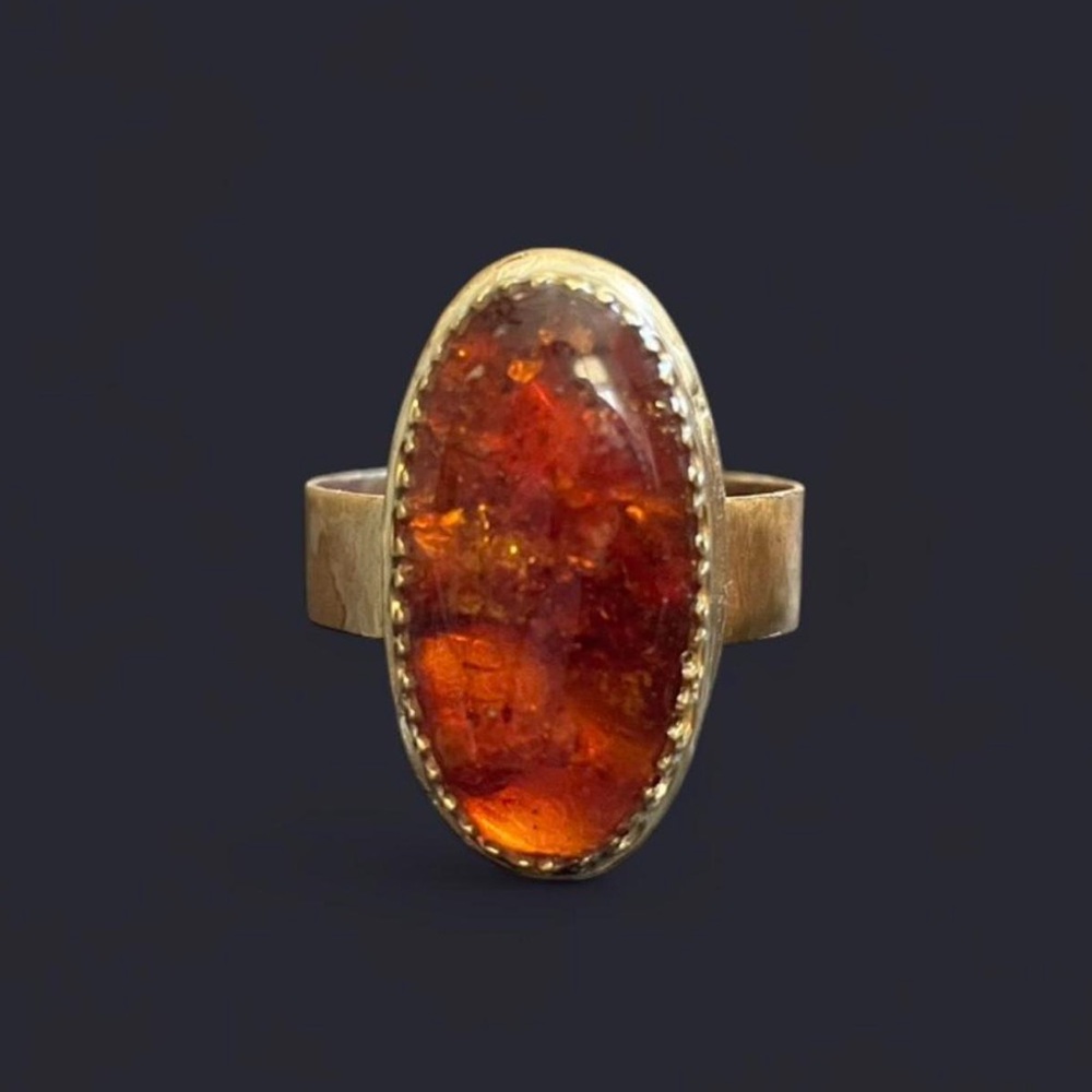 Oval Amber + Brass Metal Ring